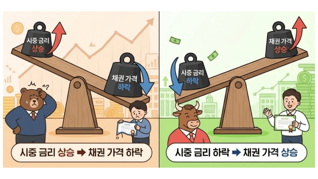 시중 금리 상승 및 하락에 따른 채권 가격의 반대 변동 원리를 보여주는 채권 금리와 가격의 시소 역관계 구조도