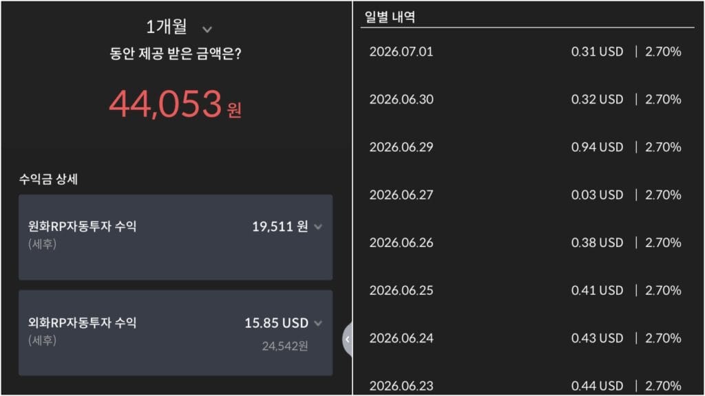 증권사 앱에서 확인한 RP 실제 누적 수익이 찍힌 화면