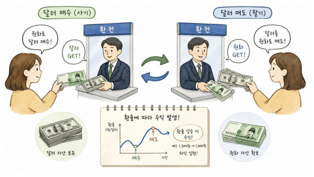 환율의 변동성을 이용해 원화-달러를 환전하면서 차익을 실현하는 환테크