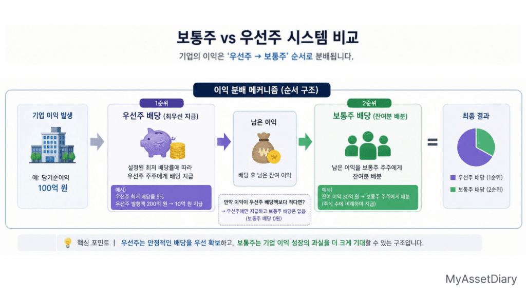 기업 이익 발생 시 우선주와 보통주 배당금 지급 선순위 분배 메커니즘 구조도
