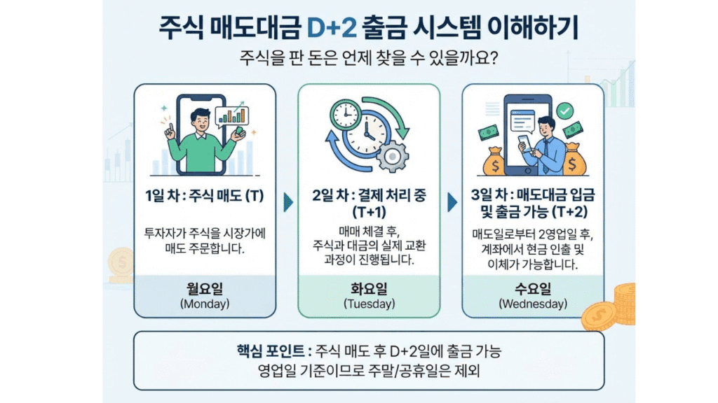 주식 매도 후 출금 가능일 계산을 위한 D+2 예수금 및 T+2 영업일 기준 정산 구조 표