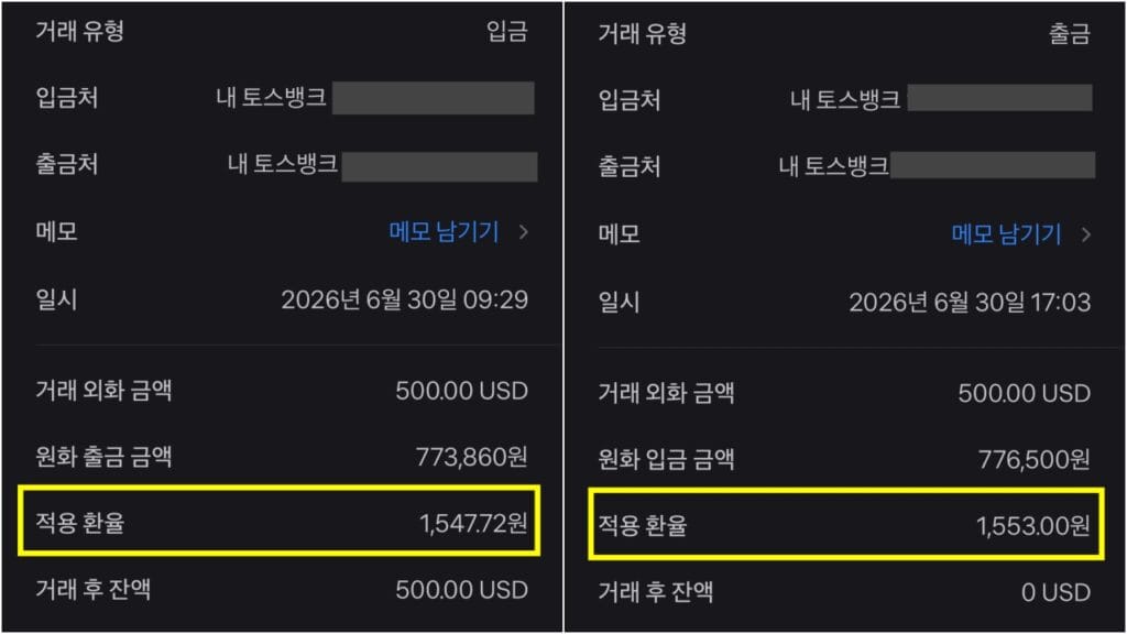 토스뱅크 외화통장을 활용해 실제로 미국 달러를 사고팔아 환차익 거래하는 화면