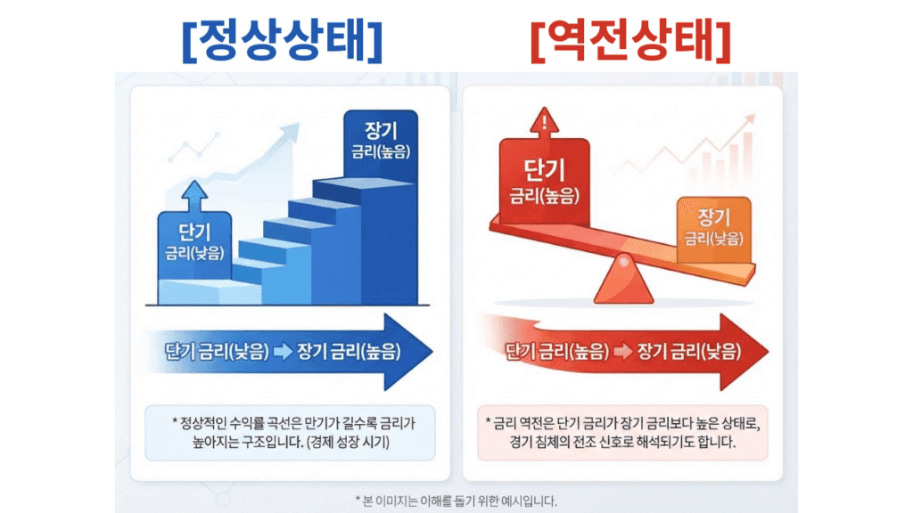 미국 장단기 금리차 역전 원리를 설명하는 정상 상태와 역전 상태의 국고채 수익률 곡선 비교 인포그래픽