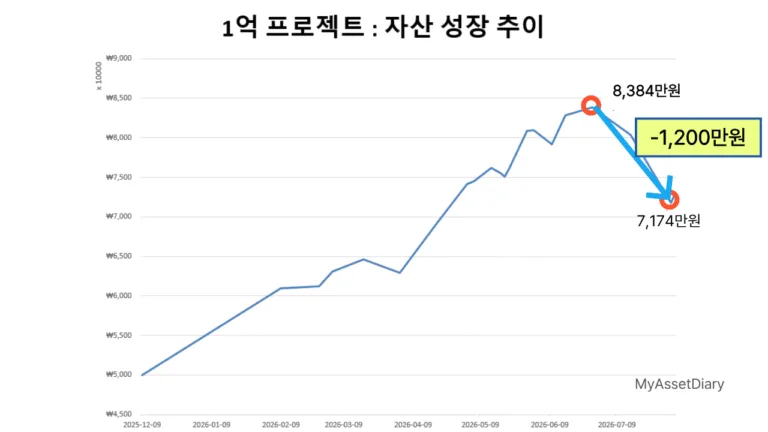 1억 만들기 프로젝트 자산 성장 추이 그래프. 최고점 8천만 원 달성 후 하락 구간을 나타낸 투자 자산 변동 차트
