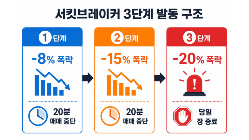 식 시장 서킷브레이커 3단계 발동 구조 인포그래픽. 지수 -8% 하락 시 1단계(20분 정지), -15% 하락 시 2단계(20분 정지), -20% 하락 시 3단계(당일 장 종료) 단계별 발동 조건과 매매 중단 시간