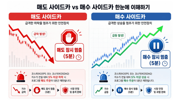 사이드카 제도(프로그램 매매 5분 정지)의 개념을 요약한 다이어그램